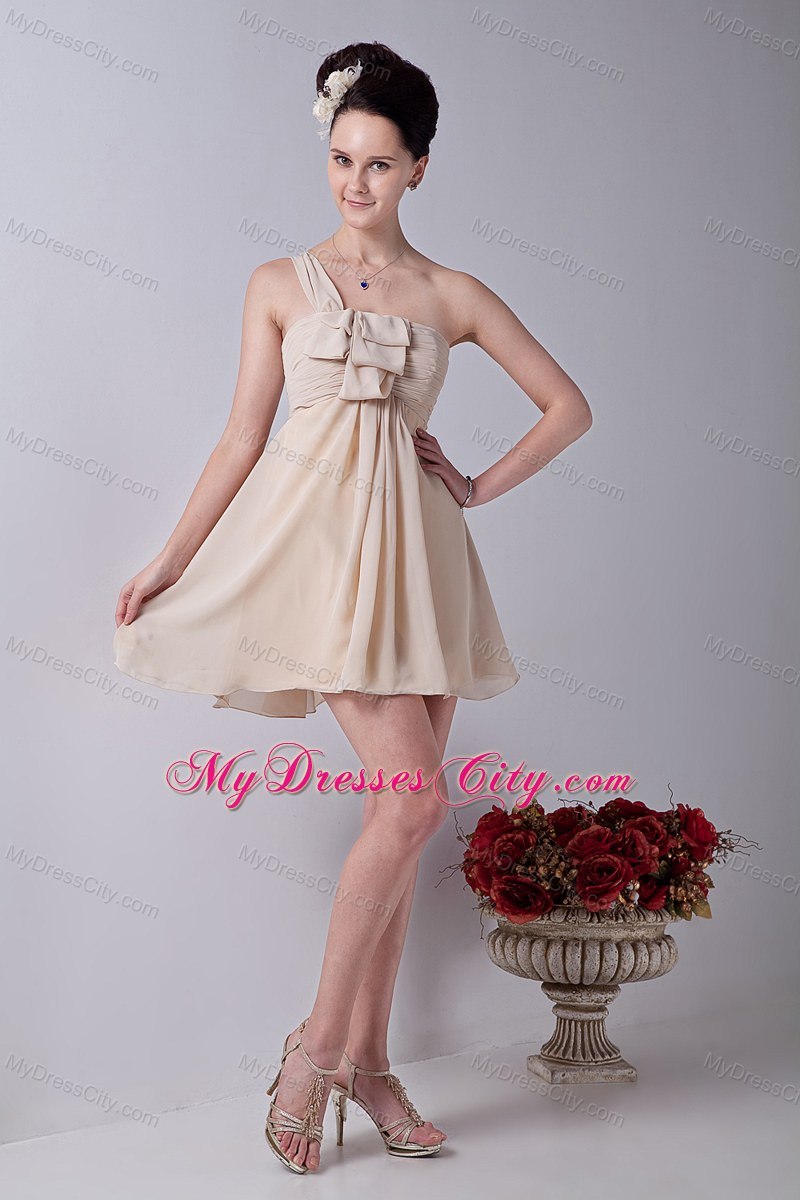 One Shoulder Champagne Mini-length Ruffles Chiffon Bridesmaid Dress