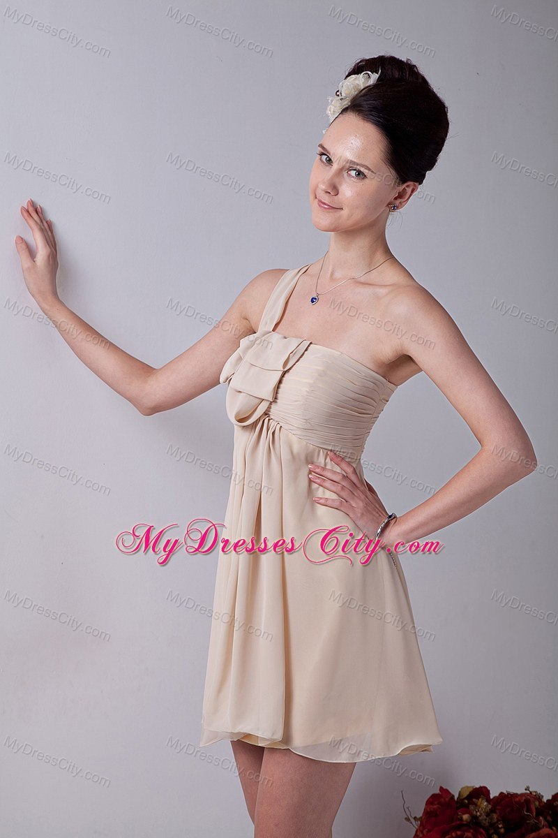 One Shoulder Champagne Mini-length Ruffles Chiffon Bridesmaid Dress