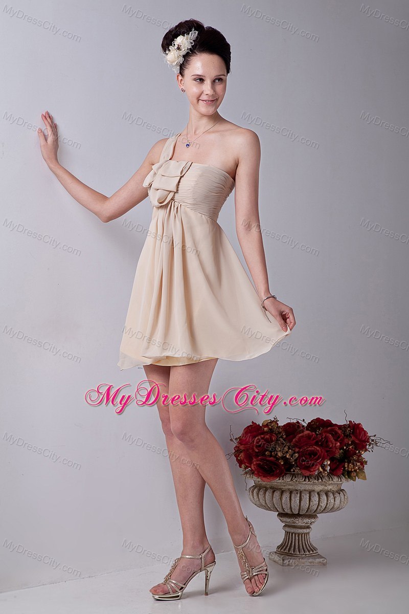 One Shoulder Champagne Mini-length Ruffles Chiffon Bridesmaid Dress