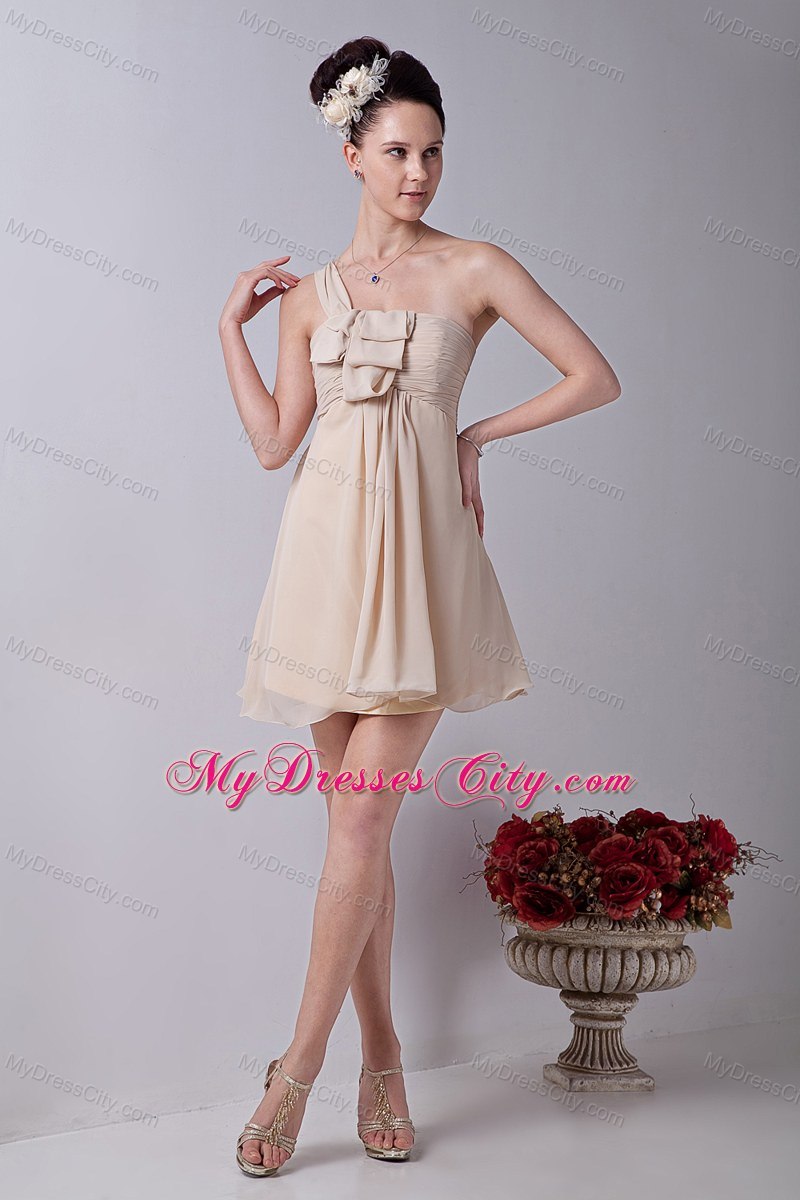 One Shoulder Champagne Mini-length Ruffles Chiffon Bridesmaid Dress