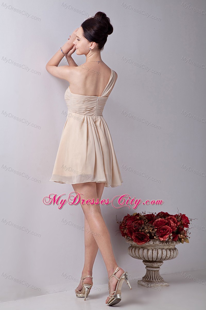 One Shoulder Champagne Mini-length Ruffles Chiffon Bridesmaid Dress