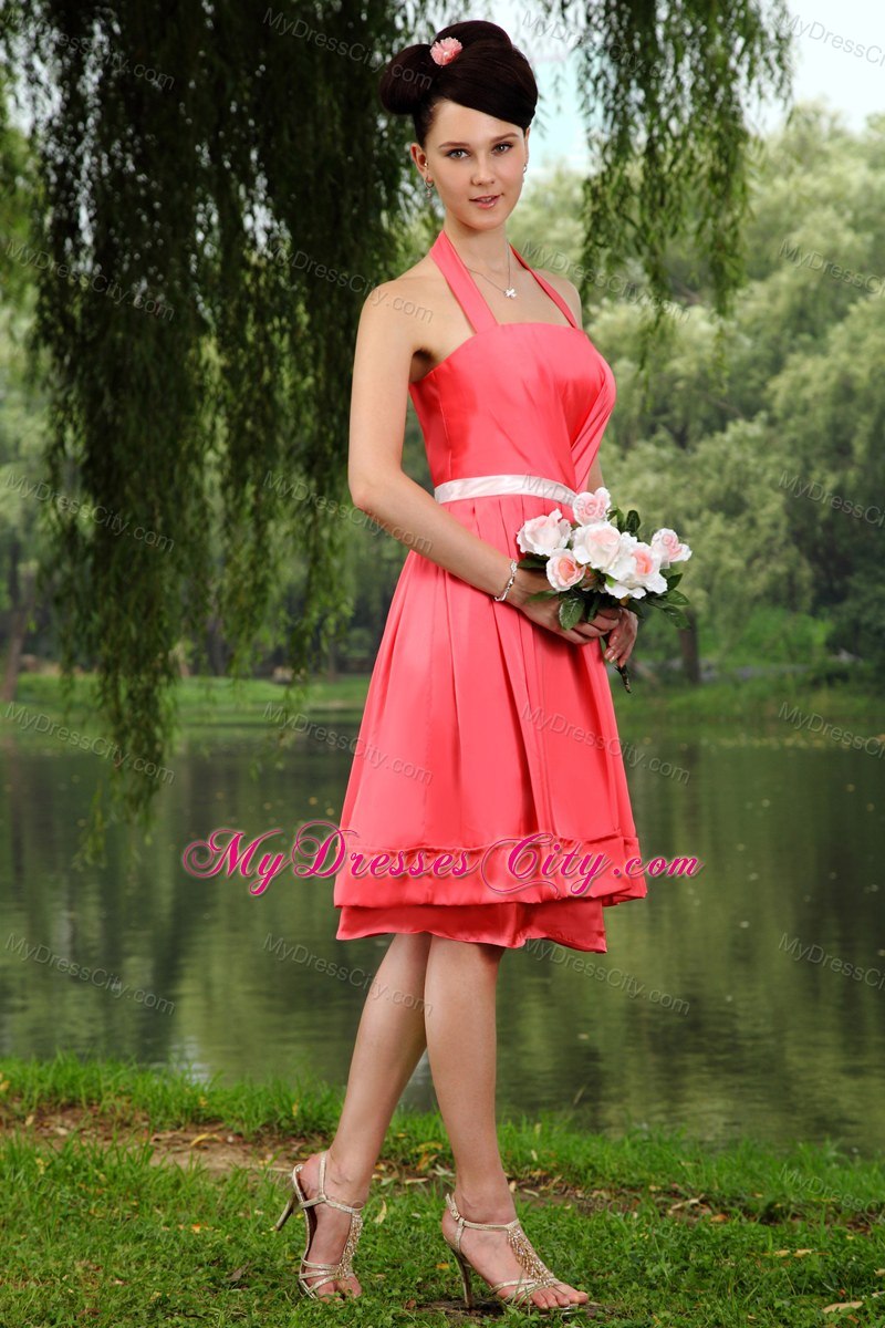 Coral Red Halter top Satin Bridesmaid Dress with Champane Sash