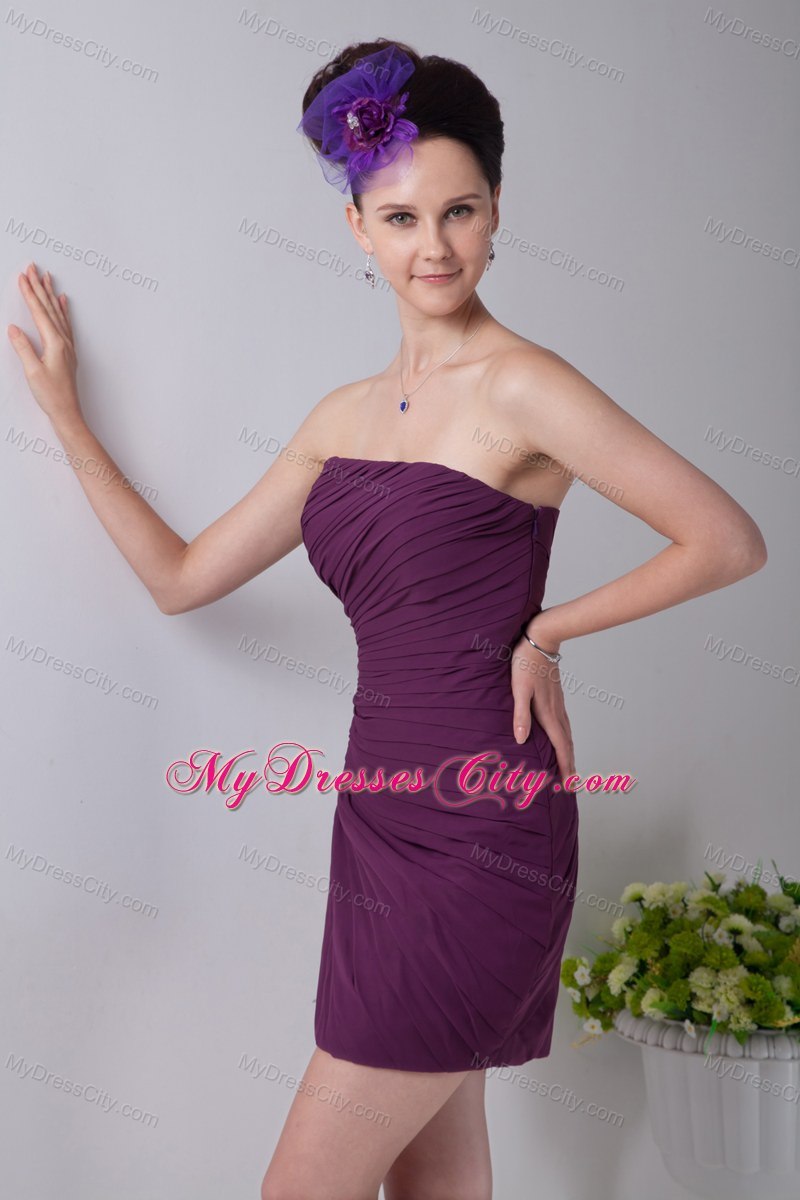 Purple Column Strapless Mini-length Chiffon Dress for Bridesmaid