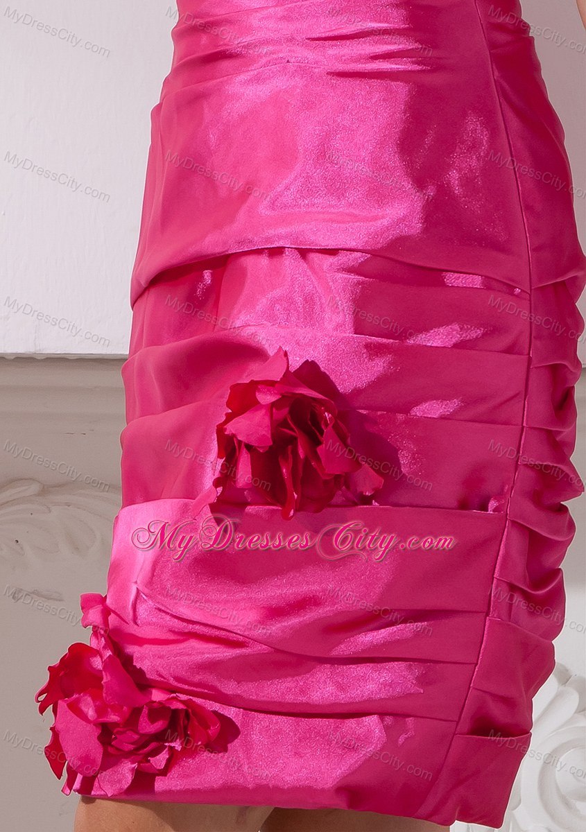 Hand Made Flowers Decorate Hot Pink Bridesmaid Dress with Black Sash