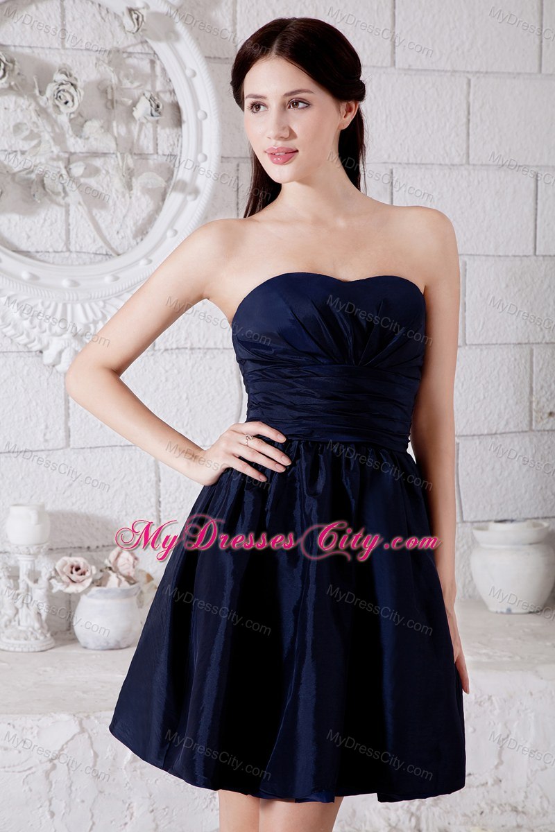 Discount Mini-length Navy Blue Bridesmaid Dress with Ruching