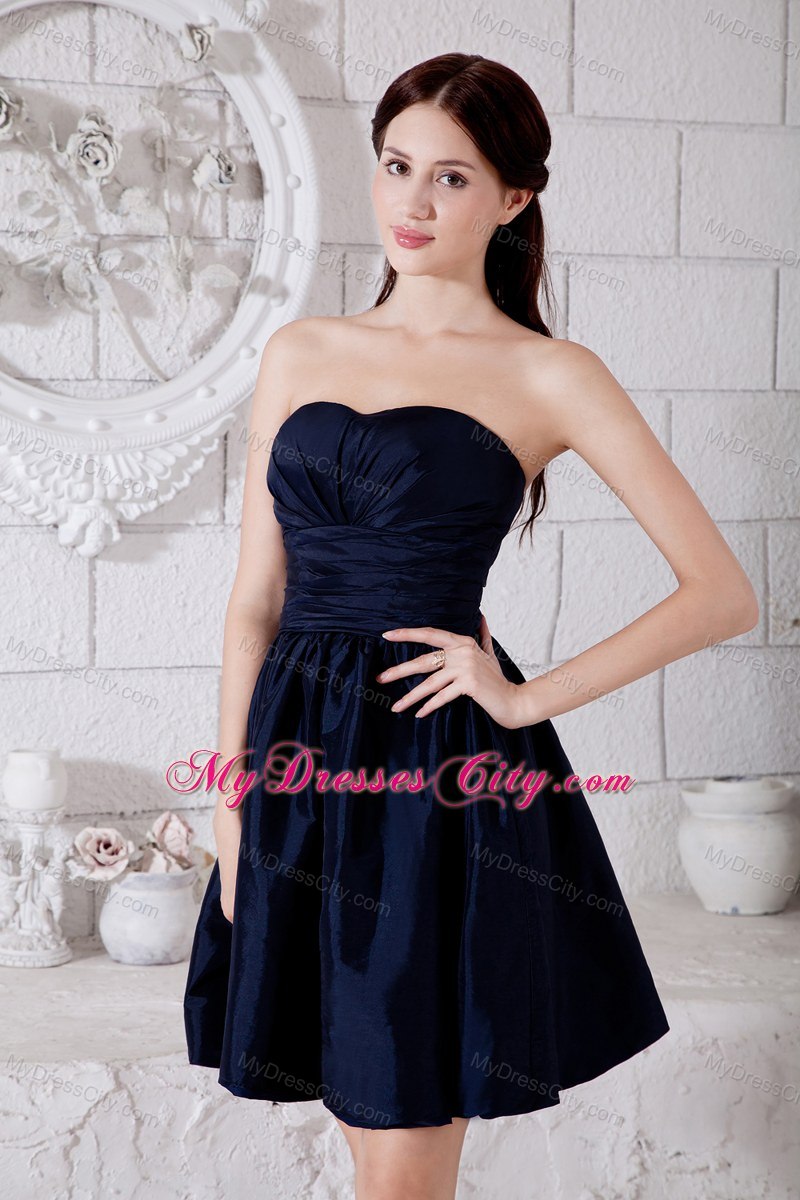 Discount Mini-length Navy Blue Bridesmaid Dress with Ruching