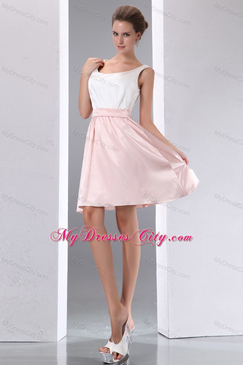 White and Pink A-line Scoop Mini-length Taffeta Bridesmaid Dress