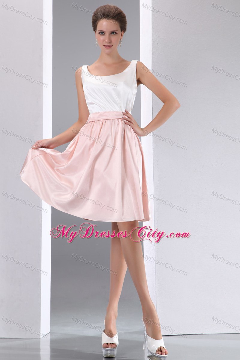 White and Pink A-line Scoop Mini-length Taffeta Bridesmaid Dress