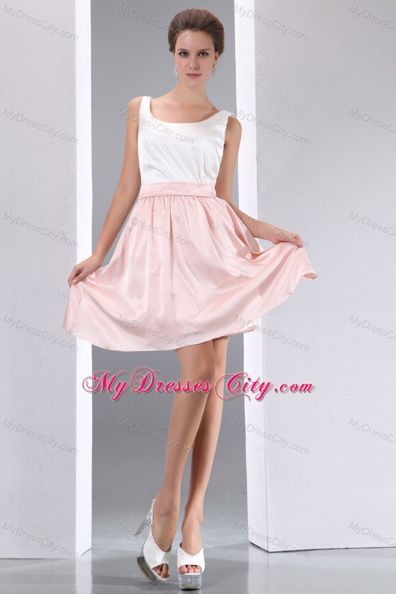 White and Pink A-line Scoop Mini-length Taffeta Bridesmaid Dress