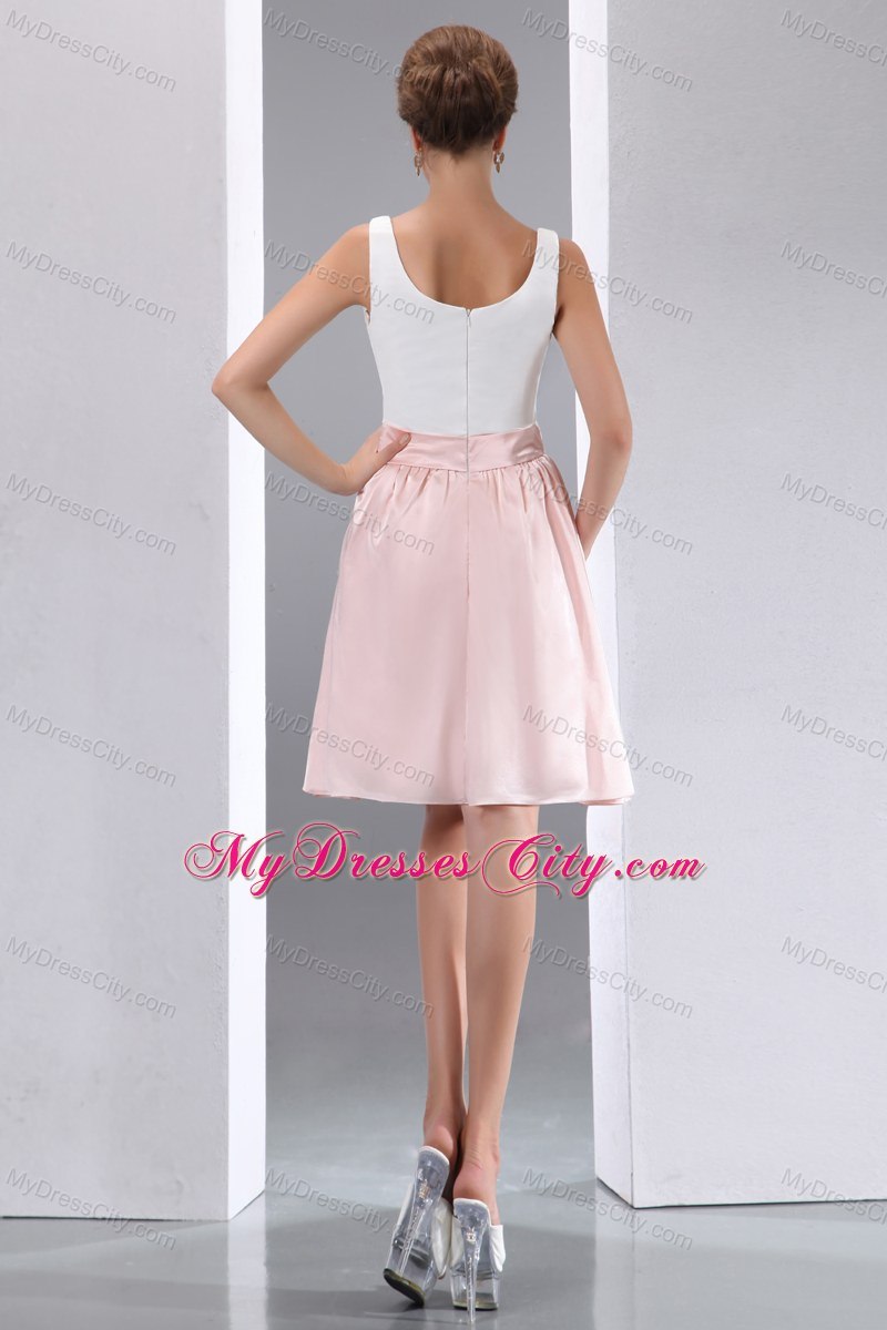 White and Pink A-line Scoop Mini-length Taffeta Bridesmaid Dress