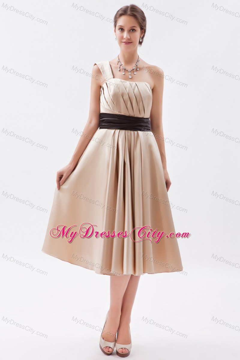 One Shoulder Ruching Tea-length bridesmaid dresses with Black Sash