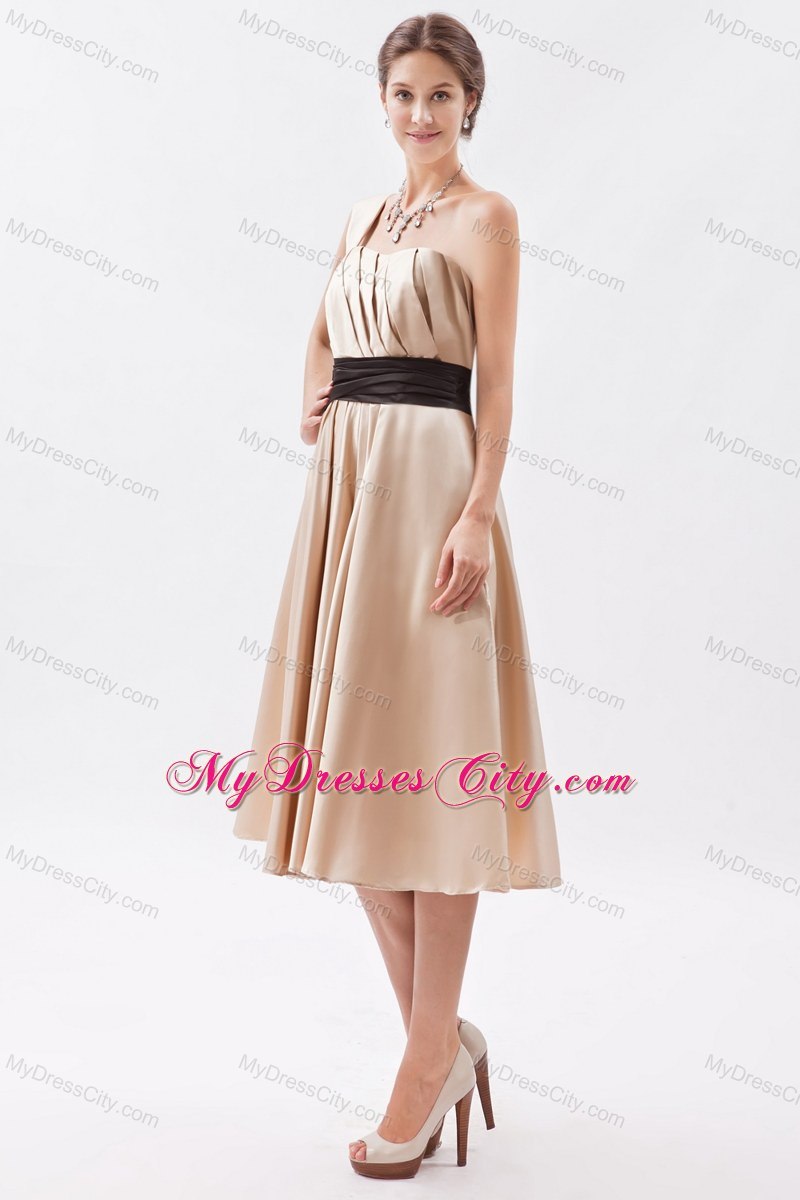 One Shoulder Ruching Tea-length bridesmaid dresses with Black Sash