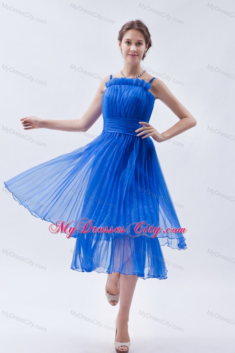 Blue Tea-length Spaghetti Straps Pleating bridesmaids dresses