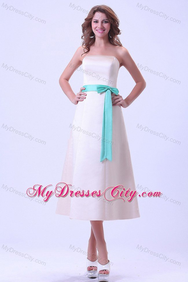 Champagne A-line Strapless Tea-length Sash Bridesmaid Dress