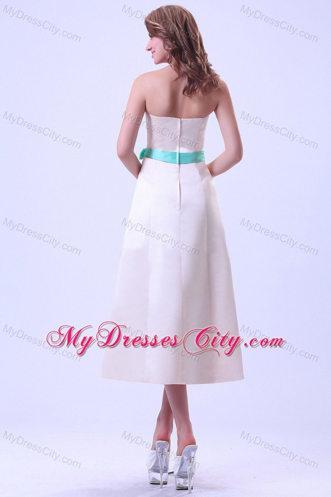 Champagne A-line Strapless Tea-length Sash Bridesmaid Dress