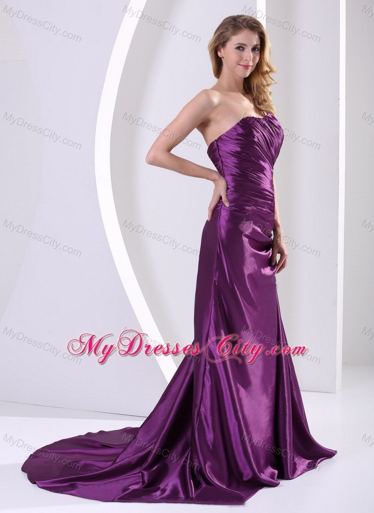 Eggplant A-line Ruches Appliques Asymmetrical Bridesmaid Dress