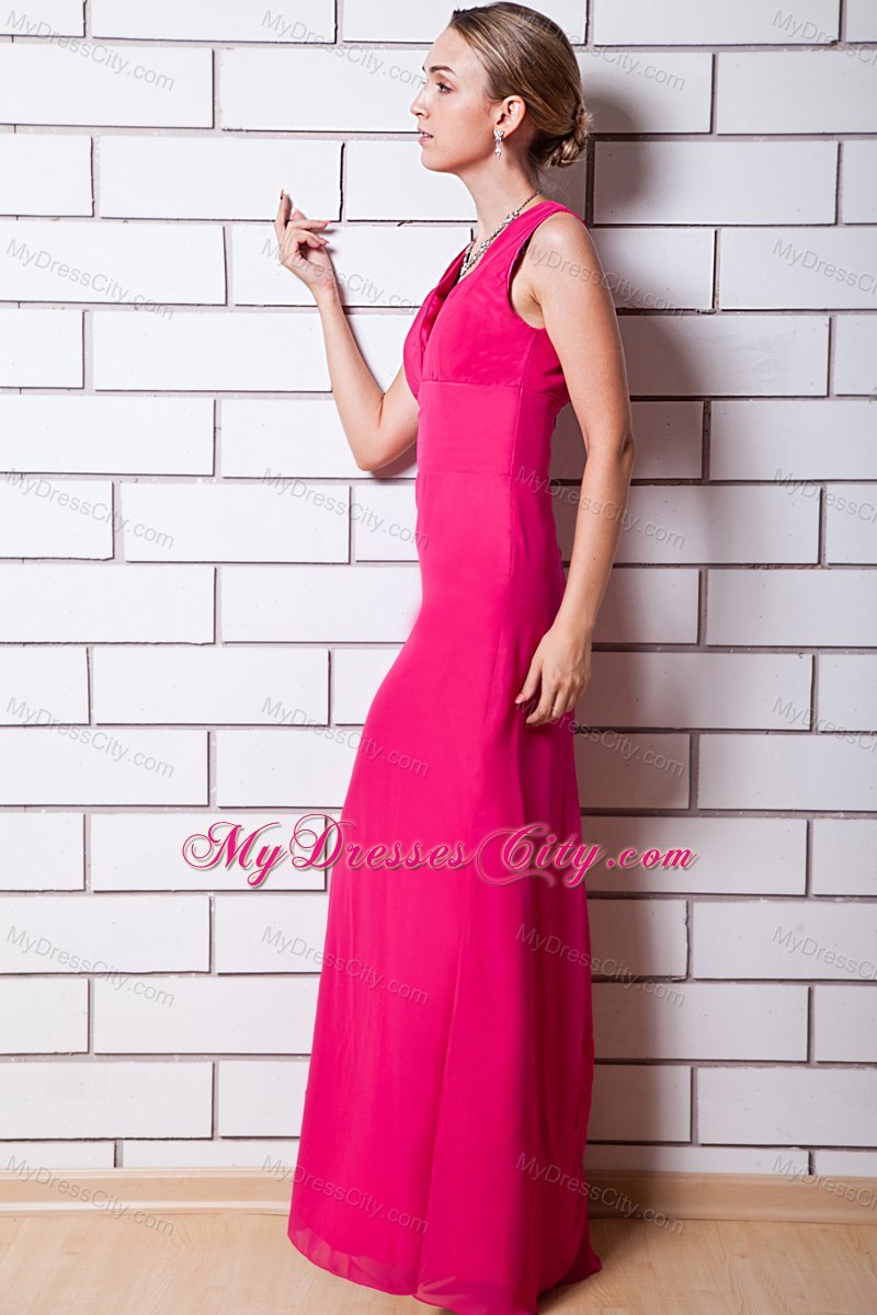 Hot Pink Column V-neck Backless Dress for Bridesmaid