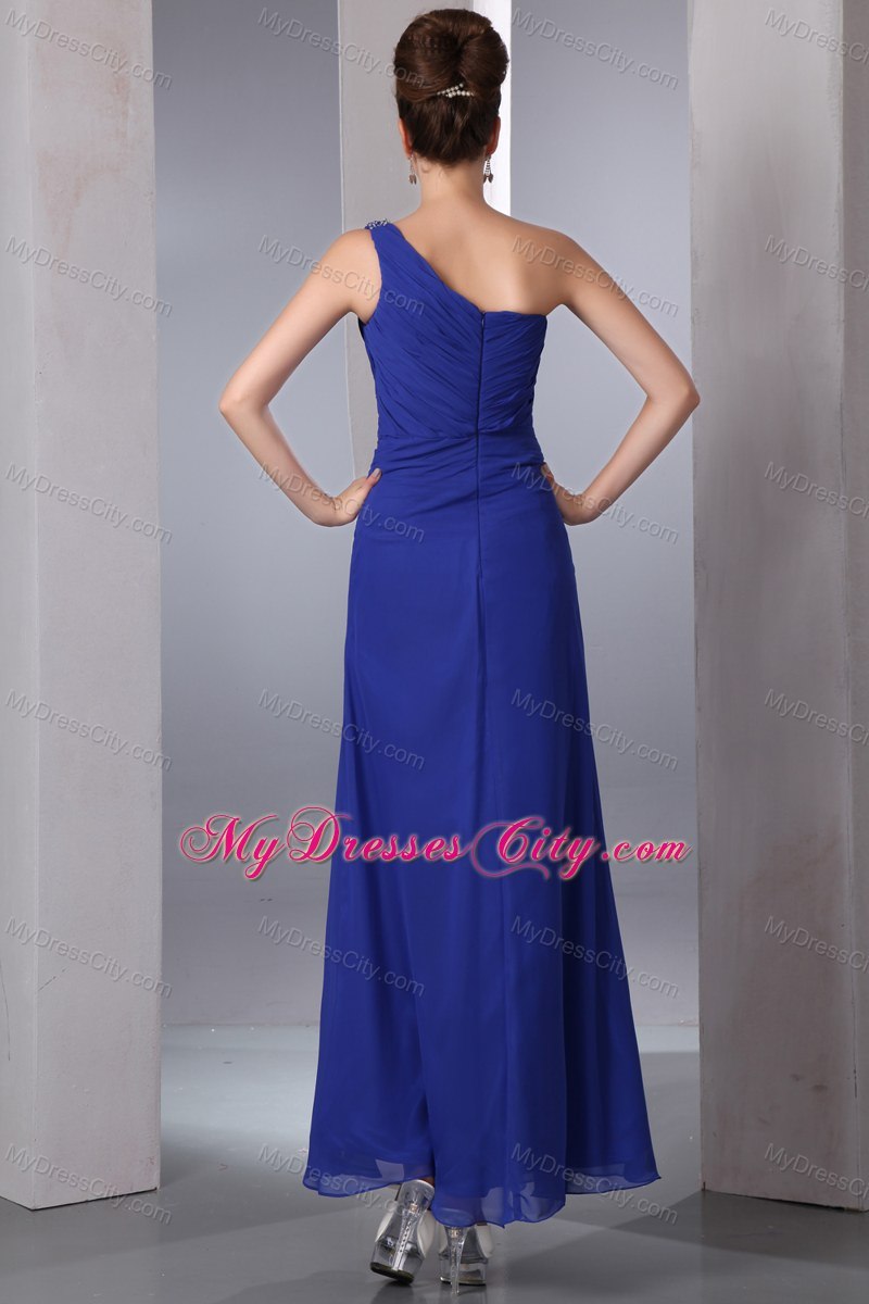 Ruched Blue Empire Bridesmaid Dress with Beading Single Shoulder