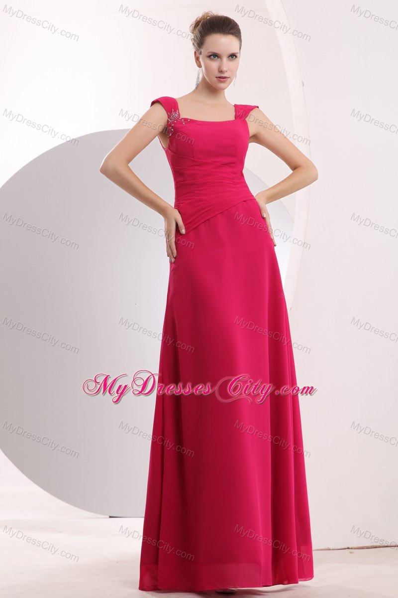 Cheap Hot Pink Straps Beaded Chiffon Dresses For Bridesmaid Floor-length