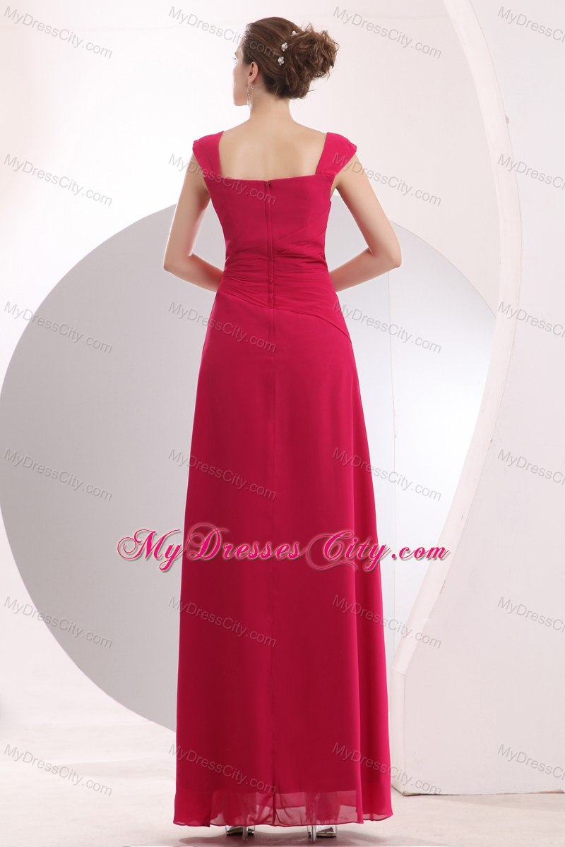 Cheap Hot Pink Straps Beaded Chiffon Dresses For Bridesmaid Floor-length
