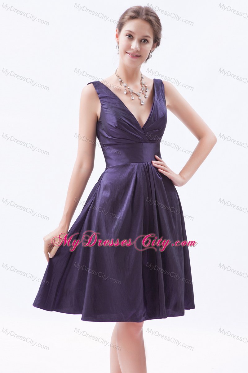 Dark Purple V-neck Knee-length Beaded Empire Maternity Bridesmaid Dress