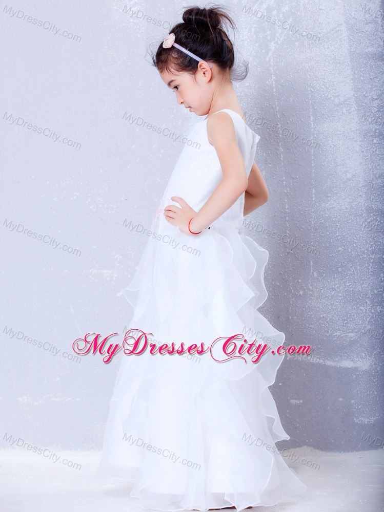 Ankle-length Organza Beading Flower Girl Dress with Ruches Layer