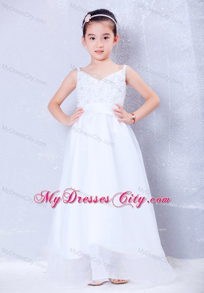 V-neck Floor-length Taffeta and Organza Beading Little Girl Dress