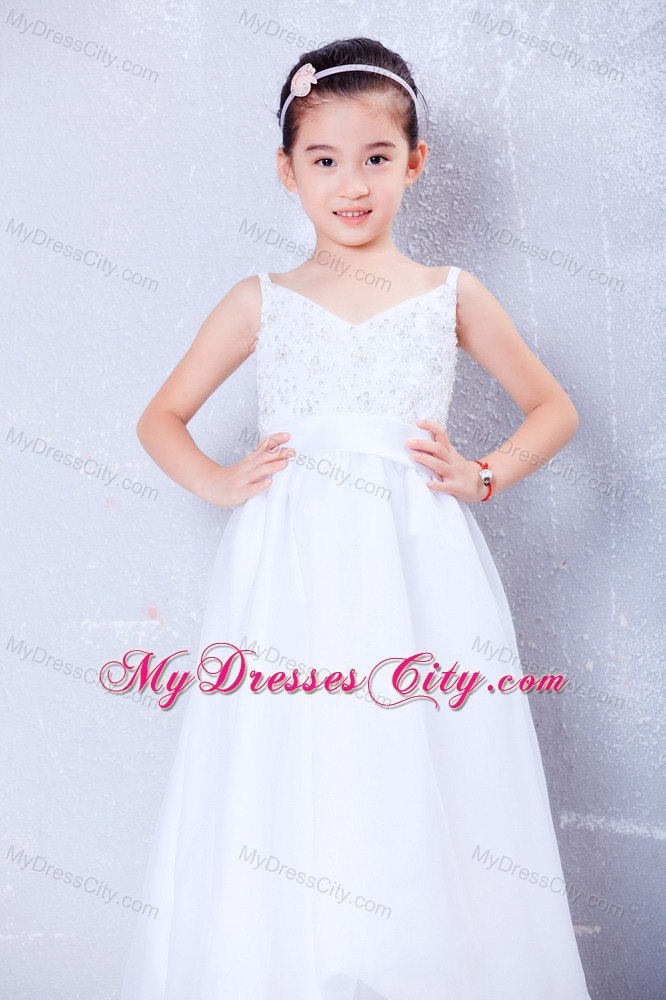 V-neck Floor-length Taffeta and Organza Beading Little Girl Dress
