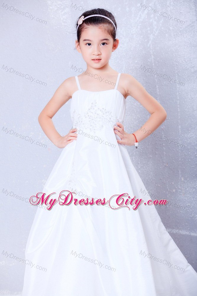 Princess Straps Court Train Taffeta Appliques Dress for Flower Girls