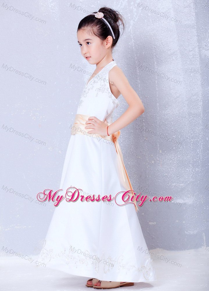 Halter Top Ankle-length Satin Embroidery Belt Flower Girl Dress