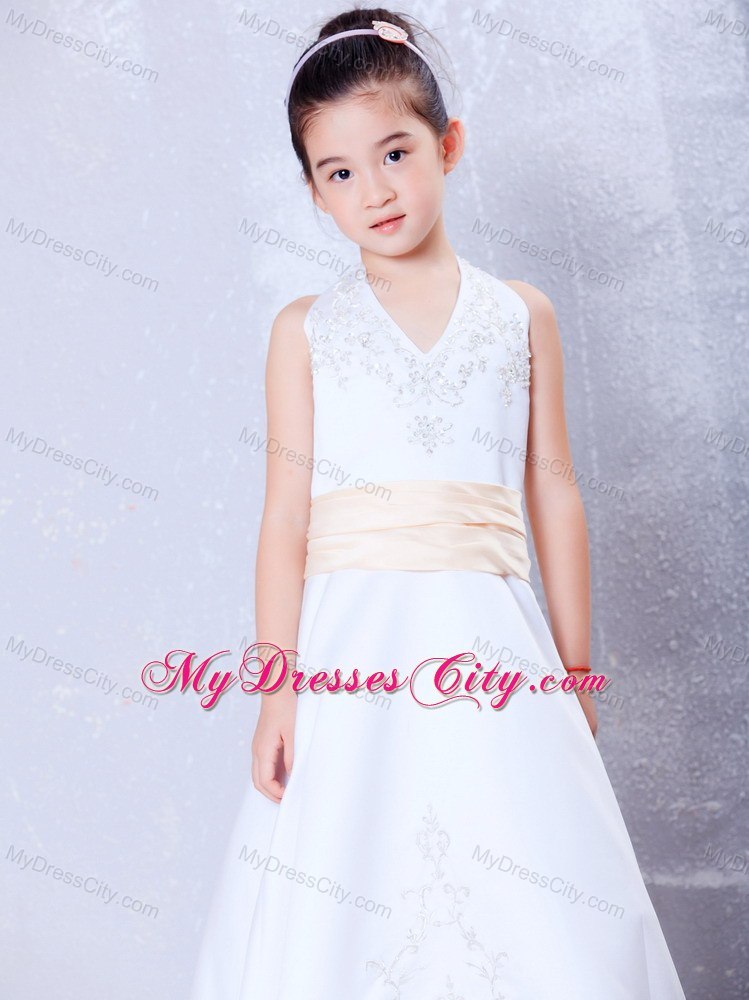 Halter Top Ankle-length Satin Embroidery Belt Flower Girl Dress