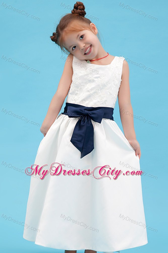 Scoop Ankle-length Taffeta Embroidery Flower Girl Dress with Sash