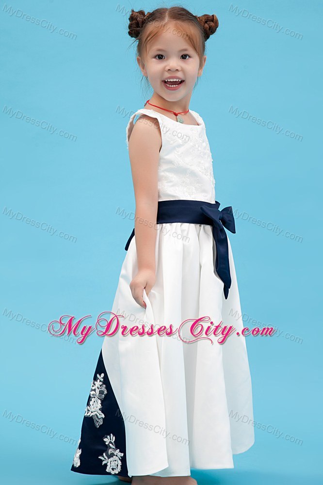Scoop Ankle-length Taffeta Embroidery Flower Girl Dress with Sash