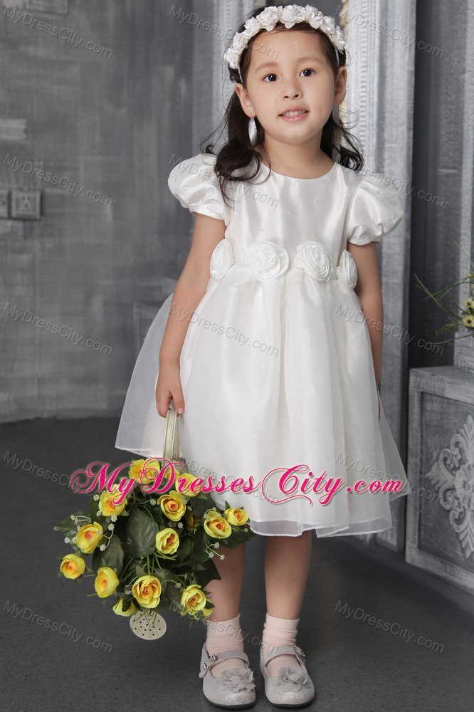 Scoop and Cap Sleeves Decorate Tea-length Flower Girl Dress with Flowers