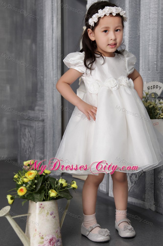 Scoop and Cap Sleeves Decorate Tea-length Flower Girl Dress with Flowers