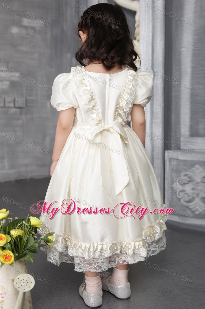 Off White A-line Scoop Tea-length Flower Girl Dress Beading Decorate