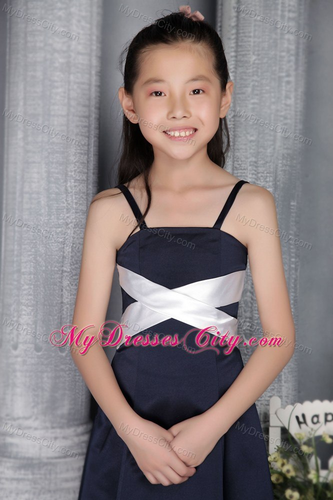 Navy Blue Straps for Column Flower Girl Dress in Floor-length