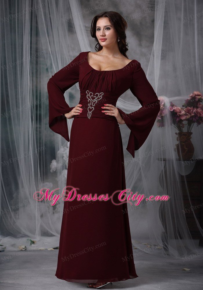 Burgundy Scoop Long Sleeves Beading Mother Of The Bride Dress