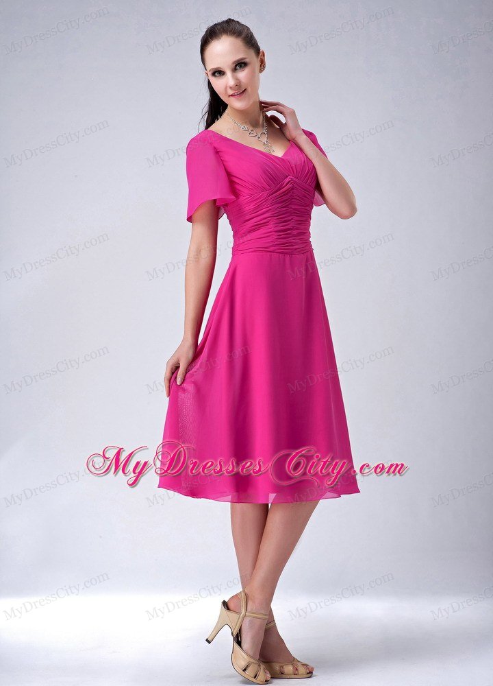 Fuchsia A-line V-neck Tea-length Chiffon Mothers Dresses