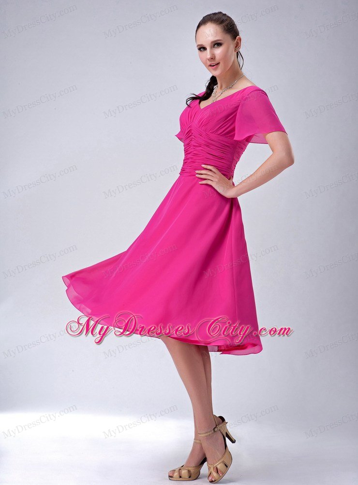 Fuchsia A-line V-neck Tea-length Chiffon Mothers Dresses