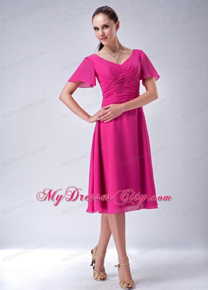 Fuchsia A-line V-neck Tea-length Chiffon Mothers Dresses
