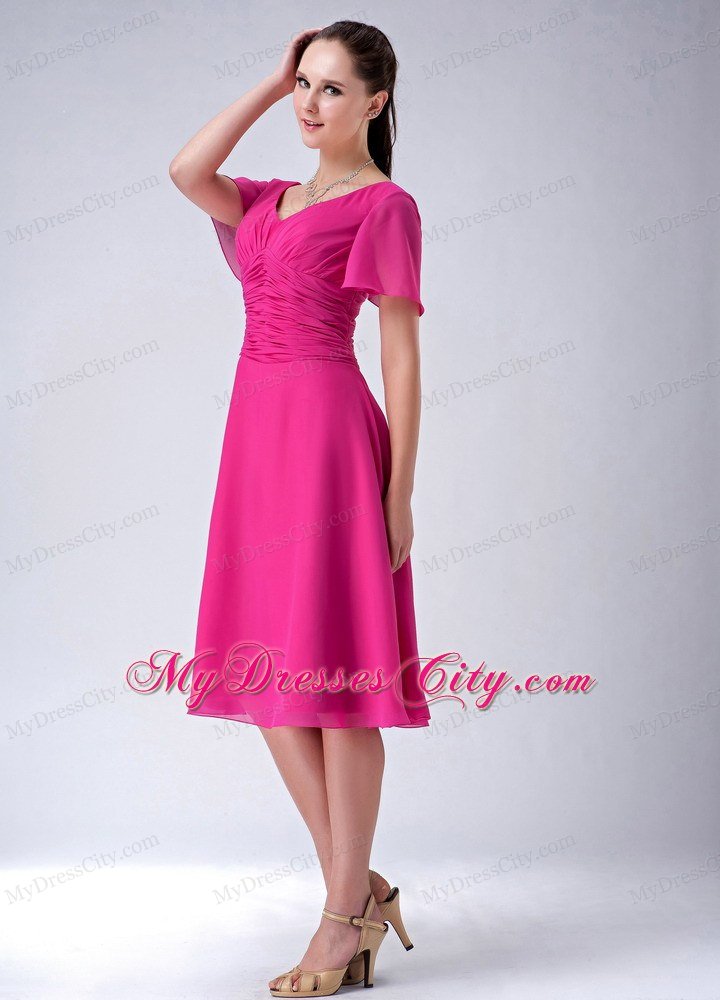 Fuchsia A-line V-neck Tea-length Chiffon Mothers Dresses