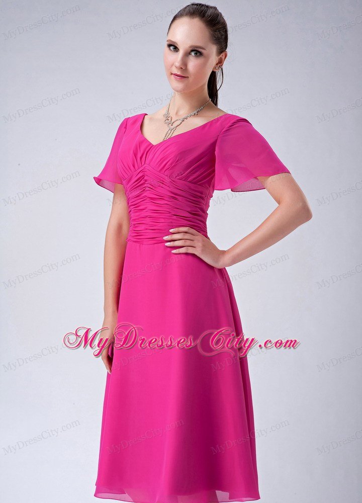 Fuchsia A-line V-neck Tea-length Chiffon Mothers Dresses