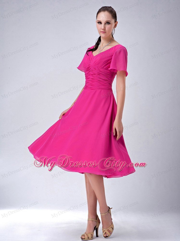 Fuchsia A-line V-neck Tea-length Chiffon Mothers Dresses