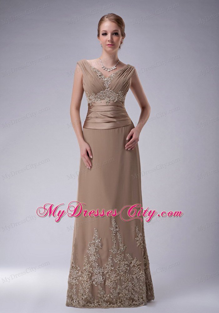 Ruching Champagne Column V-neck Appliques Dresses for Mothers