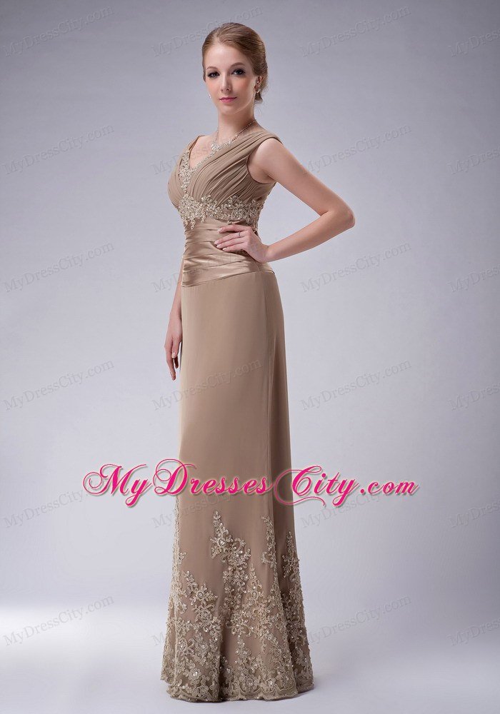 Ruching Champagne Column V-neck Appliques Dresses for Mothers