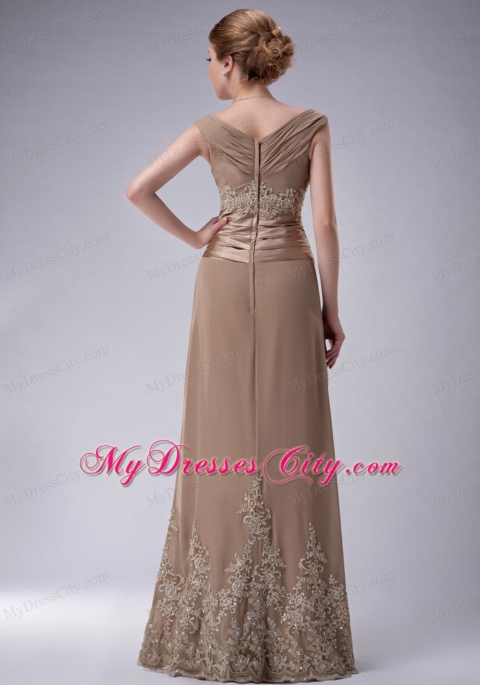 Ruching Champagne Column V-neck Appliques Dresses for Mothers