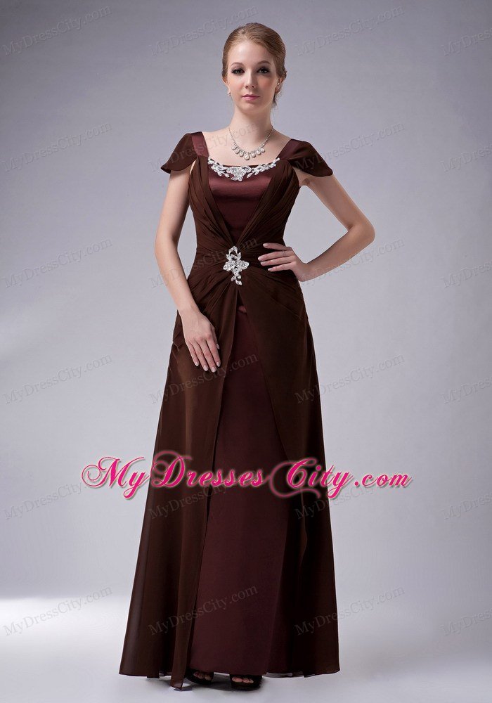 Brown Ruffled Cap Sleeves Mother Of The Bride Dress with Appliques