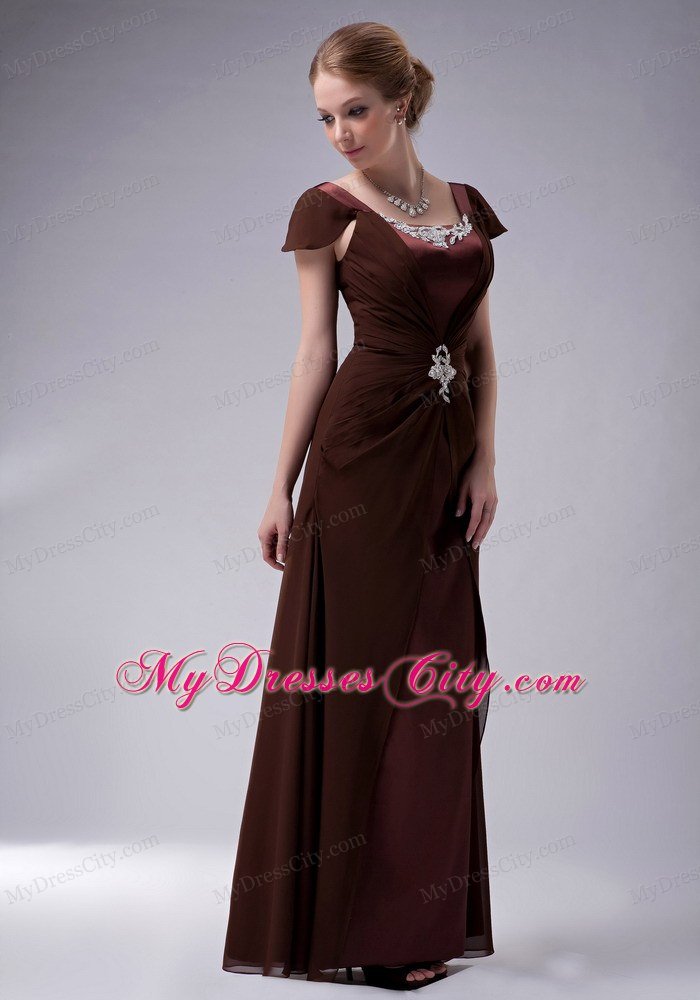 Brown Ruffled Cap Sleeves Mother Of The Bride Dress with Appliques