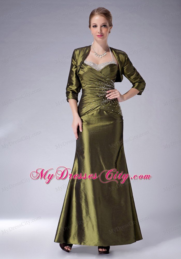 Olive Green Beaded Halter Ankle-length Ruched Mother Of The Bride Dress